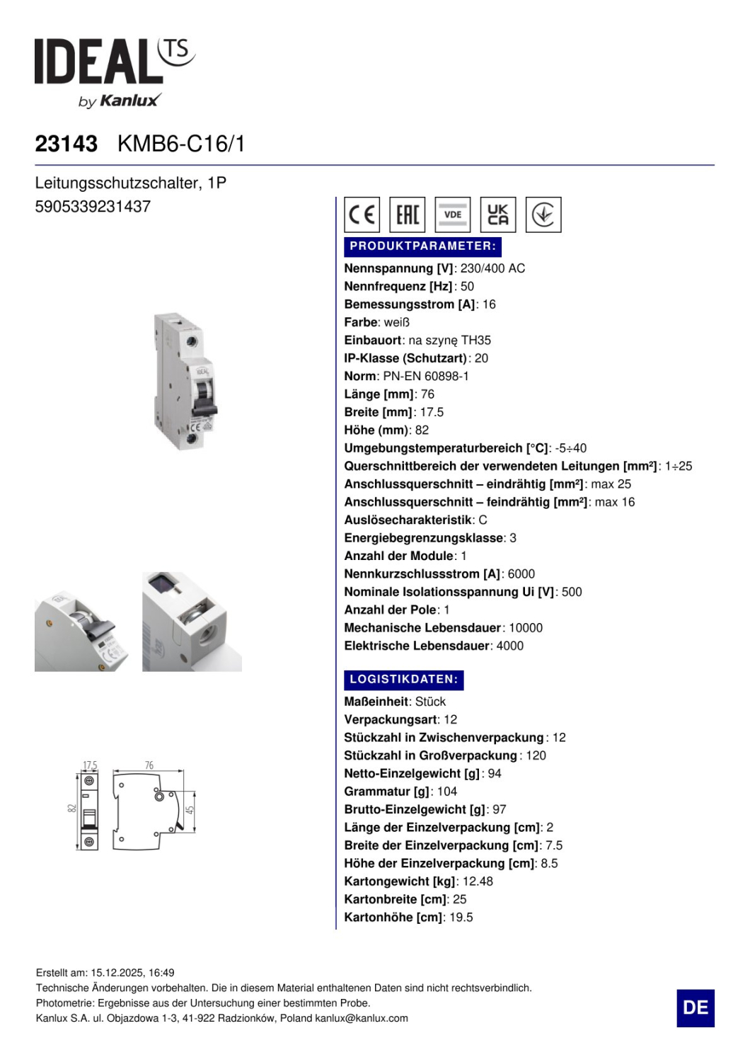 Ideal Leitungsschutzschalter C 16A 1P KMB6-C16/1 23143