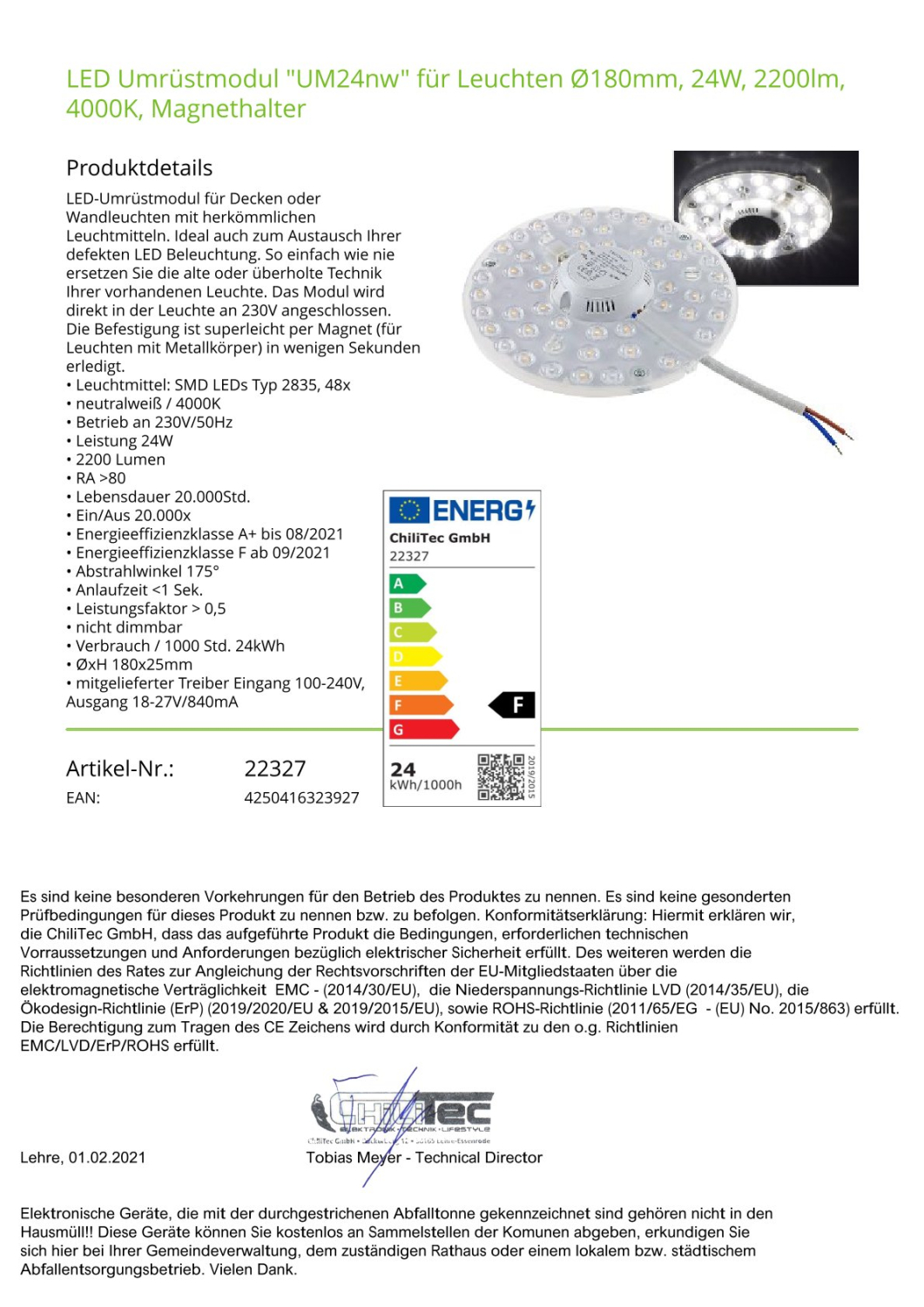 ChiliTec LED Modul "UM24nw" Ø180mm 25W 4000K 2700Lm Magnethalter 22327 für Leuchten Umrüstung
