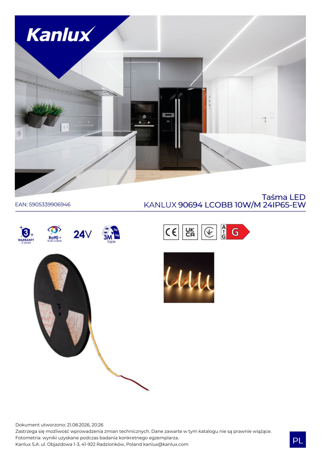 LED-Streifen LCOB 10W/M 24V 25m Rolle WW 2700K 420Lm/0,5m RA90+ IP65 Kanlux 90694