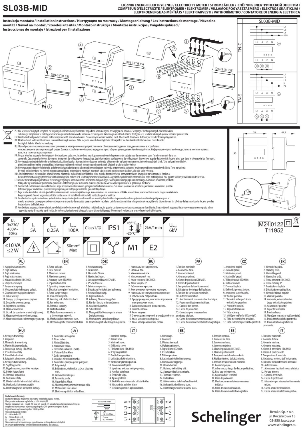 Schelinger Stromzähler 3-Phasen MID 100A Energiezähler elektronisch A31-SL03B-MID