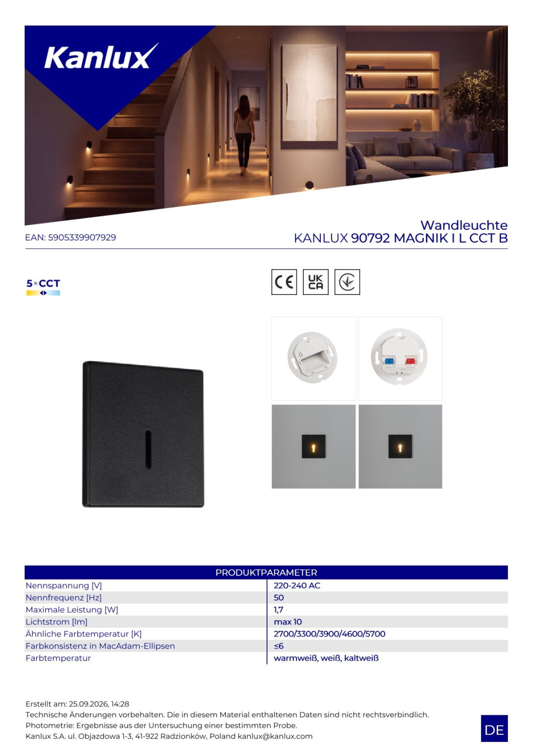LED Treppenleuchte MAGNIK schwarz CCT 2700-5700K eckig 230V 1,7W 10Lm 90792