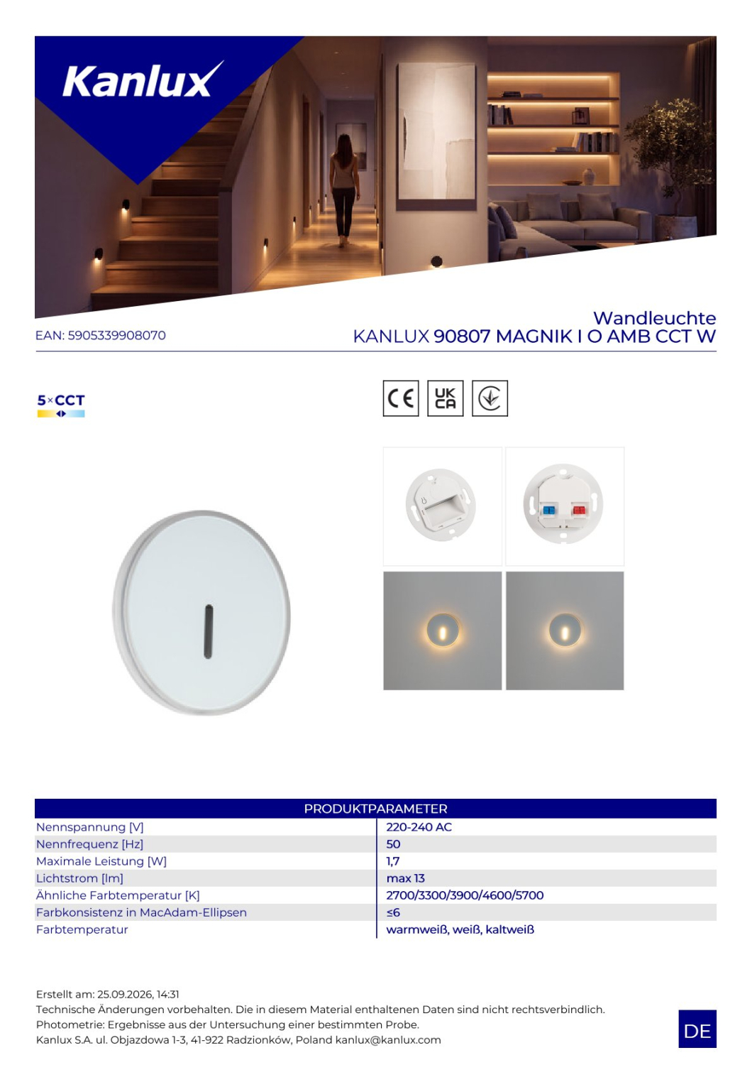 LED Wandeinbauleuchte MAGNIK AMB weiss CCT 2700-5700K rund 230V 1,7W 13Lm 90807
