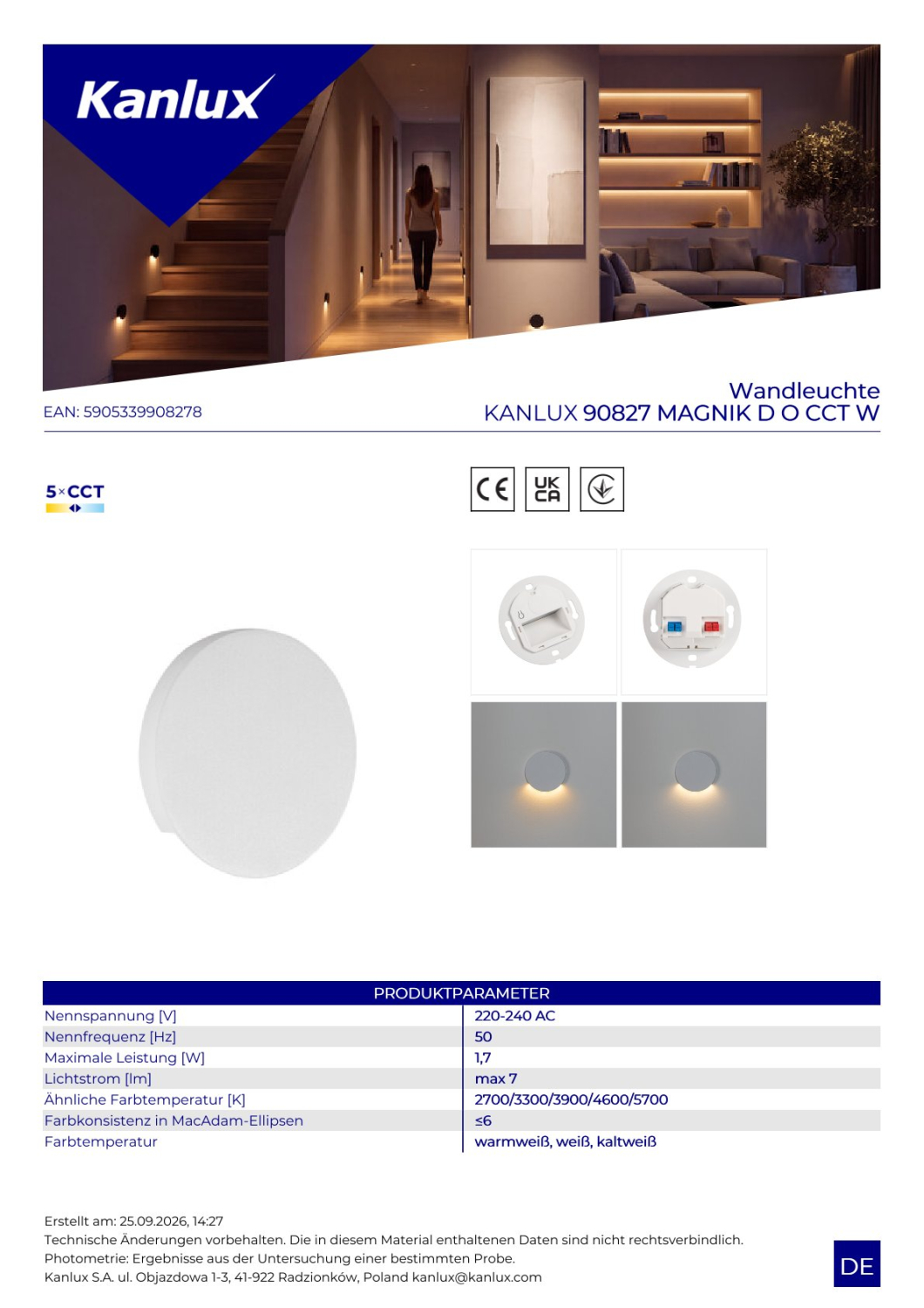 LED Stuffenleuchte MAGNIK Weiss rund 230V CCT 2700-5700K 1,7W 7Lm 90827