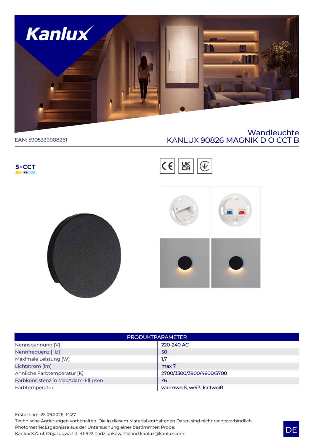 LED Wandeinbauleuchte MAGNIK schwarz rund 230V CCT 2700-5700K 1,7W 7Lm 90826