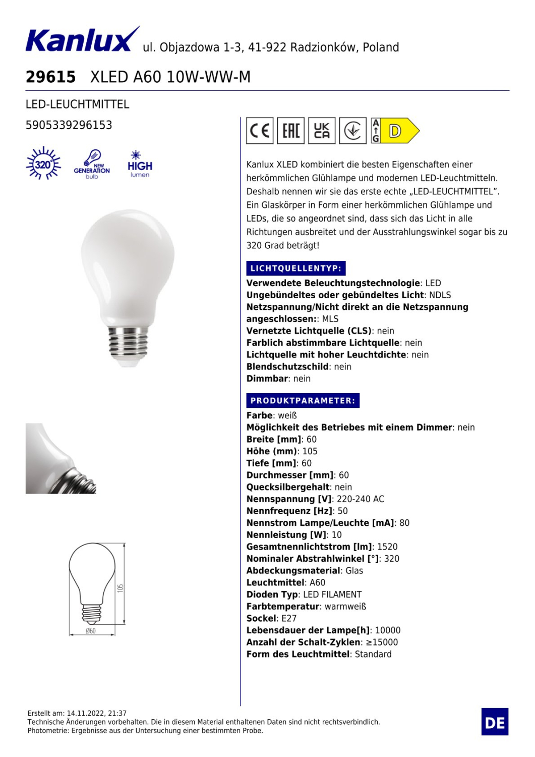 LED Lampe XLED A60 2700K E27 10W Leuchtmittel 1520Lm warmweiss matt 29615