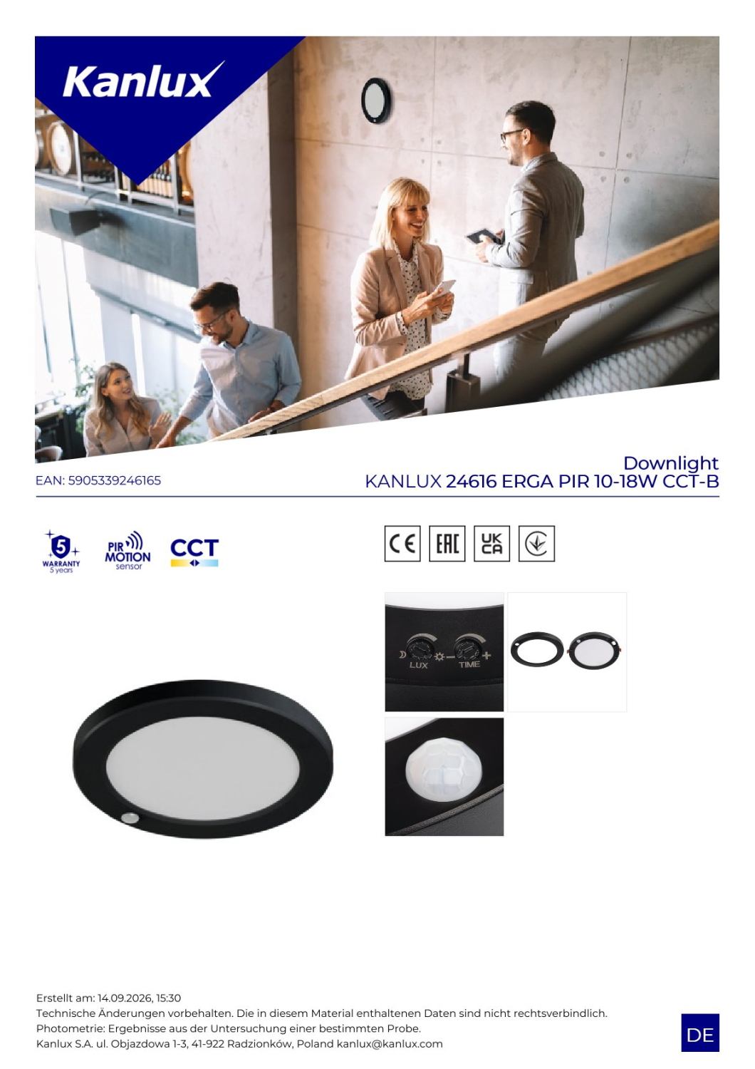LED Deckenleuchte ERGA PIR Sensor 10-18W CCT 3000/4000/6500K schwarz 24616