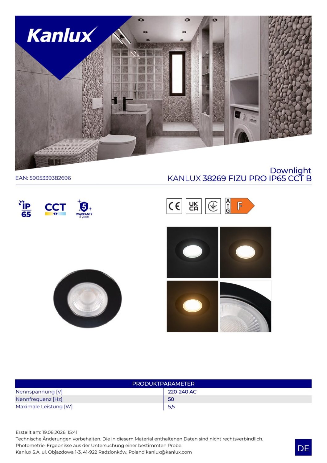 LED Einbauleuchte FIZU PRO CCT 3000/4000/6500K 5,5W IP65 schwarz Kanlux 38269