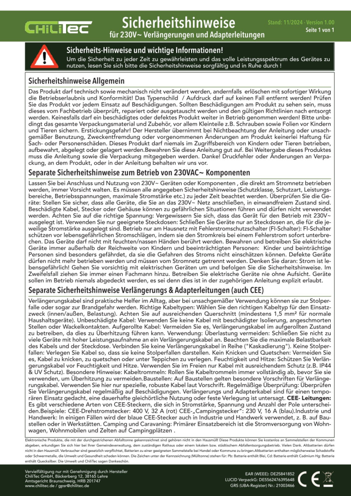 Verlängerungskabel 10m IP44 Orange H07RN-F 3G1,5 Stecker und Kupplung Kappe 23611