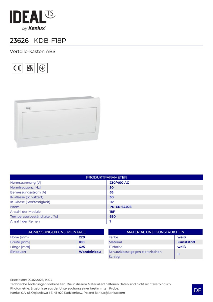 Verteiler Unterputz ABS KDB KDB-F18P 1-reihig 18 Module Sicherungskasten 23626