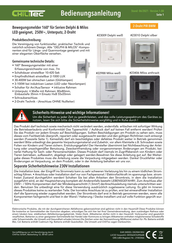 DELPHI Bewegungsmelder 160° Einbau UP 2-Draht weiss 23009