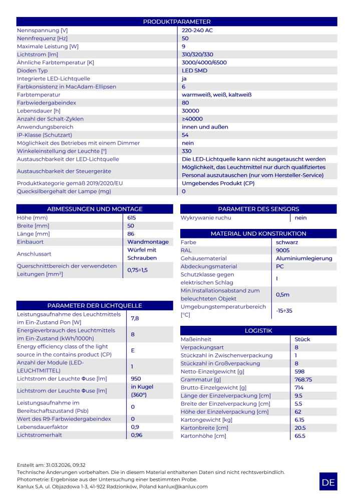 LED Wandleuchte YALTE CCT 3000/4000/6500K 60cm schwarz drehbar 9W IP54 Kanlux 45870