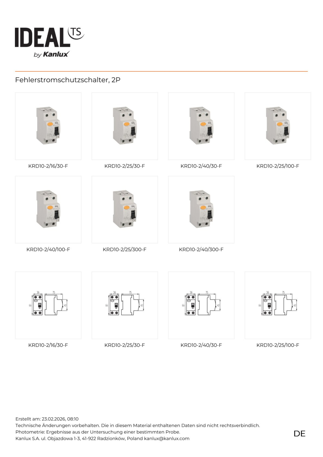 Fehlerstromschutzschalter Typ-F 40A 2P 30mA KRD10-2/40/30-F FI-Schalter IDEAL 45771