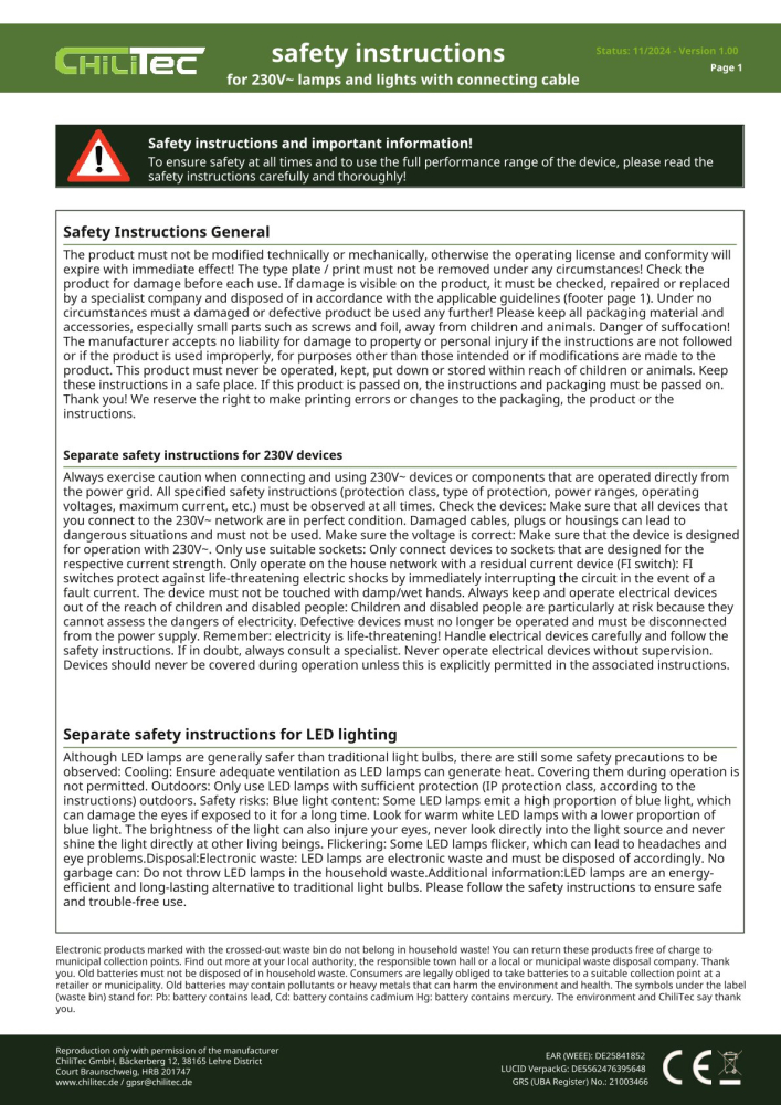 ChiliTec Netzkabel mit Schalter und E27 Fassung 3,4m schwarz 22241