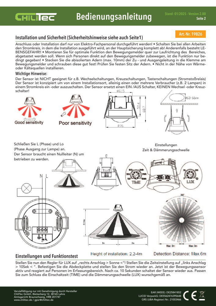 PIR Bewegungsmelder 360° Deckeneinbau 6m Reichweite 3-Draht 19826