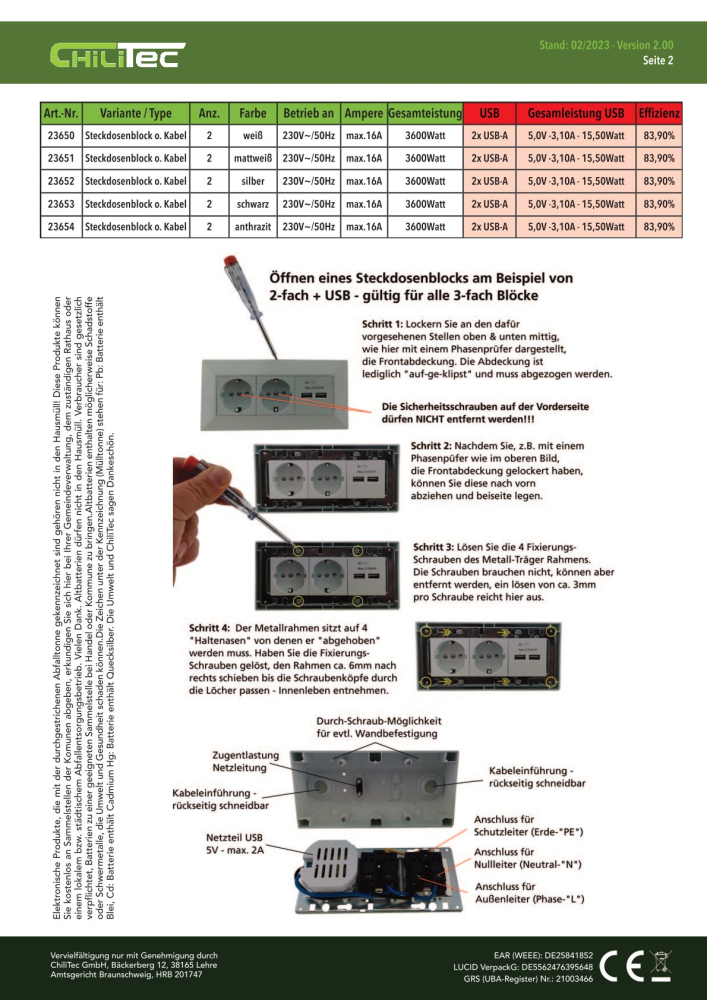 Aufbausteckdosen 2-fach Steckdosenblock + 2x USB A+C 3,1A weiss 23650