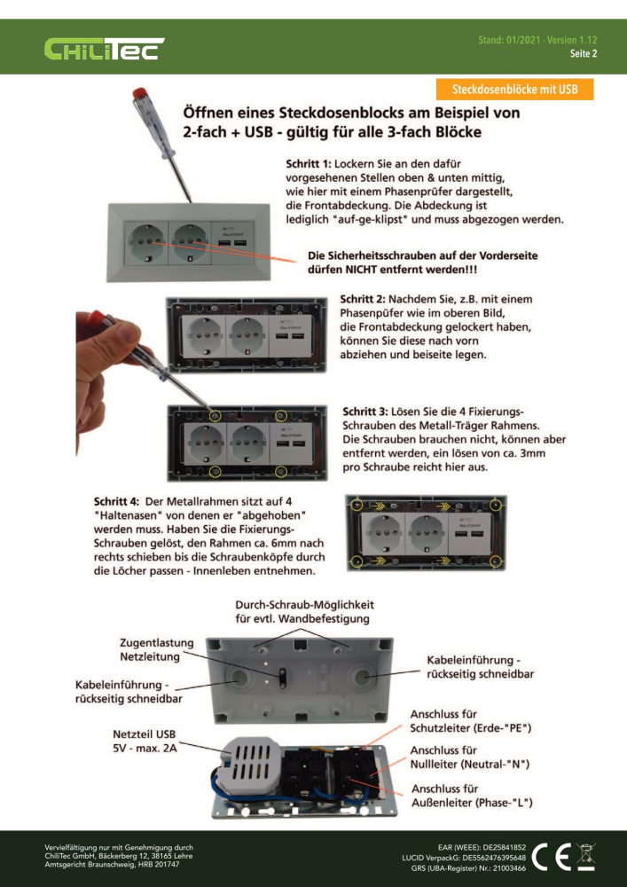 Aufbausteckdosen 2-fach Steckdosenblock + 2x USB A+C 3,1A weiss 23572