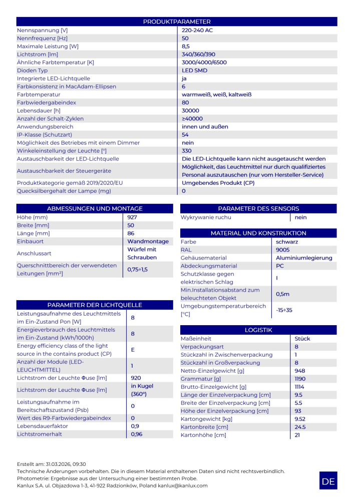 LED Wandleuchte YALTE CCT 3000/4000/6500K 90cm schwarz drehbar 8,5W IP54 Kanlux 45872