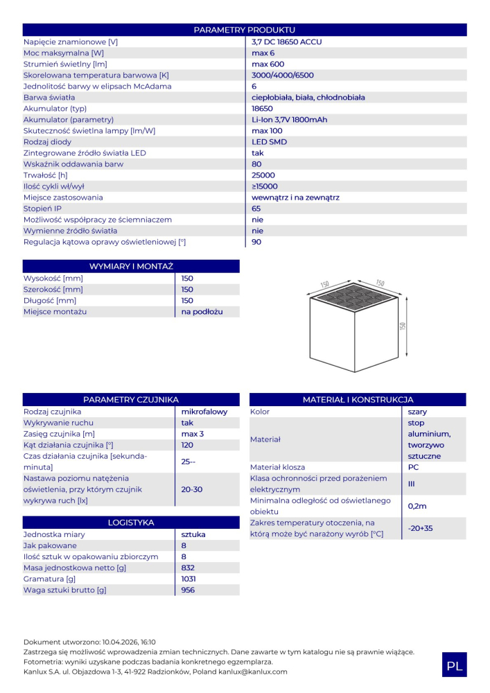 Kanlux LED Solarleuchte REKA CCT 3000/4000/6500K Mikrowellen Sensor grau 6W IP65 28997