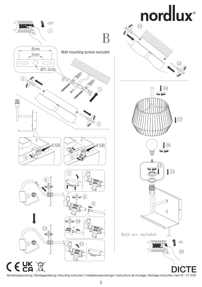 Wandlampe Dicte Nordlux schwarz weiss E14 mit Regal und USB