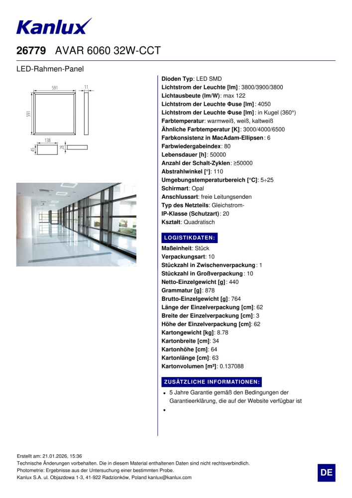 Kanlux LED Rahmen Panel AVAR CCT 6060 3000K 4000K 6500K 32W Lichtrahmen 26779
