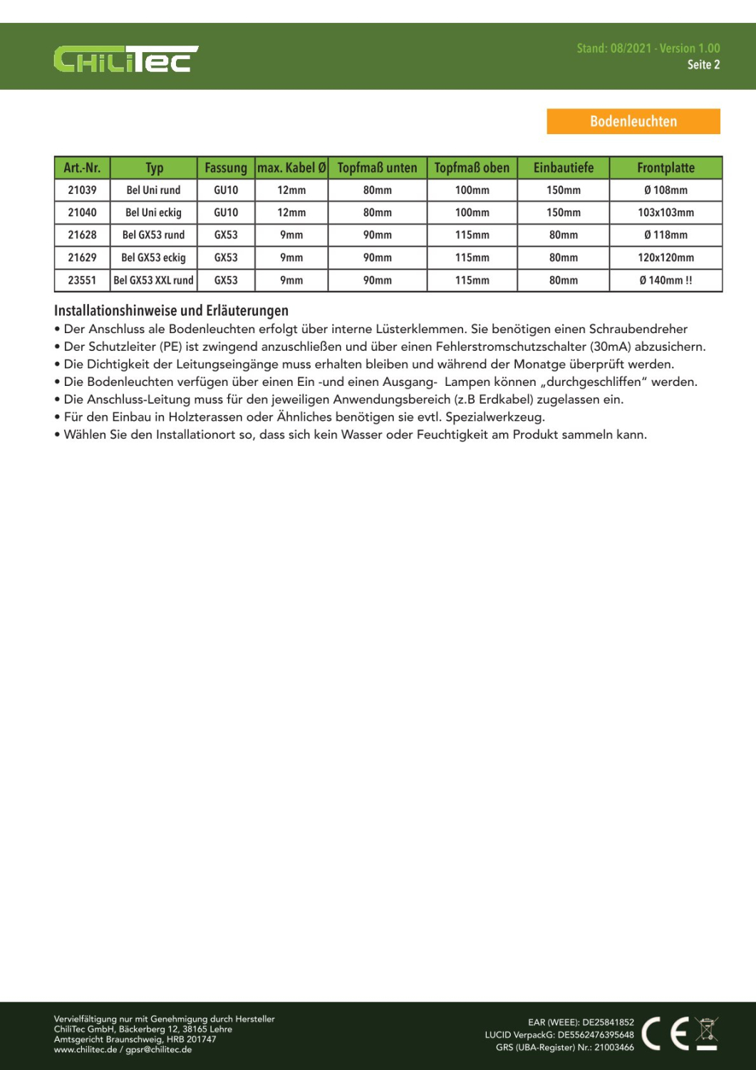 Bodeneinbauleuchte BEL GX53 XXL rund ØxT 14x7cm IP65 Bodenleuchte extrabreiter Rahmen 23551