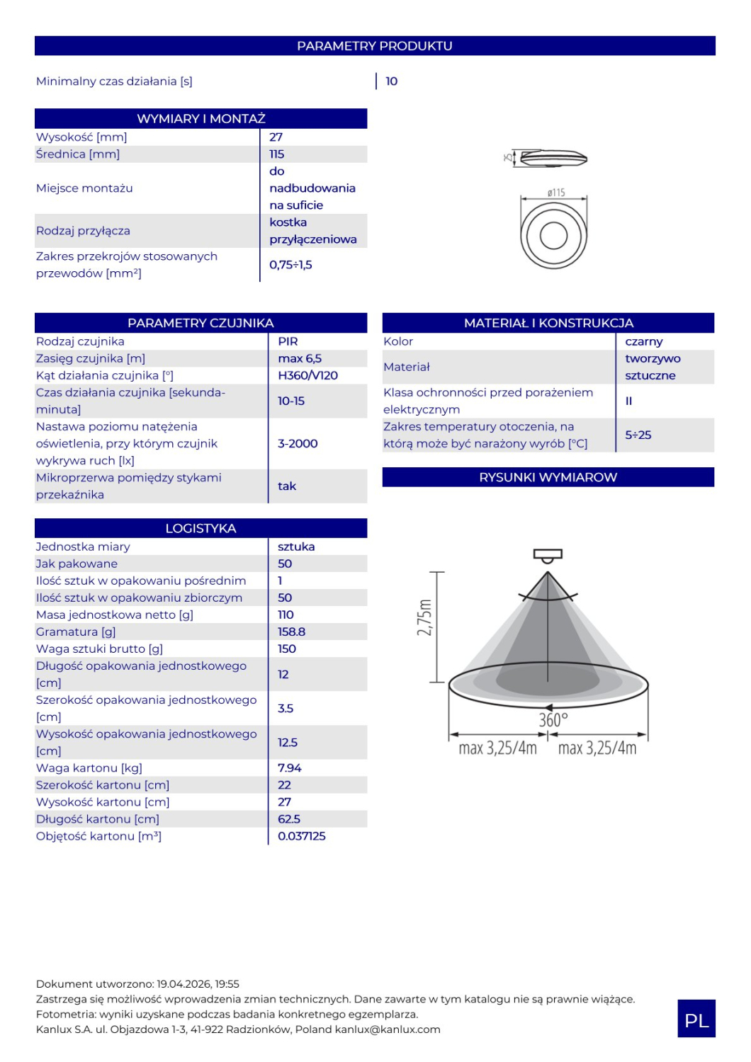 Bewegungsmelder PIR ZONA FLAT B/B 360° 120° 2000VA Sensor schwarz 37373