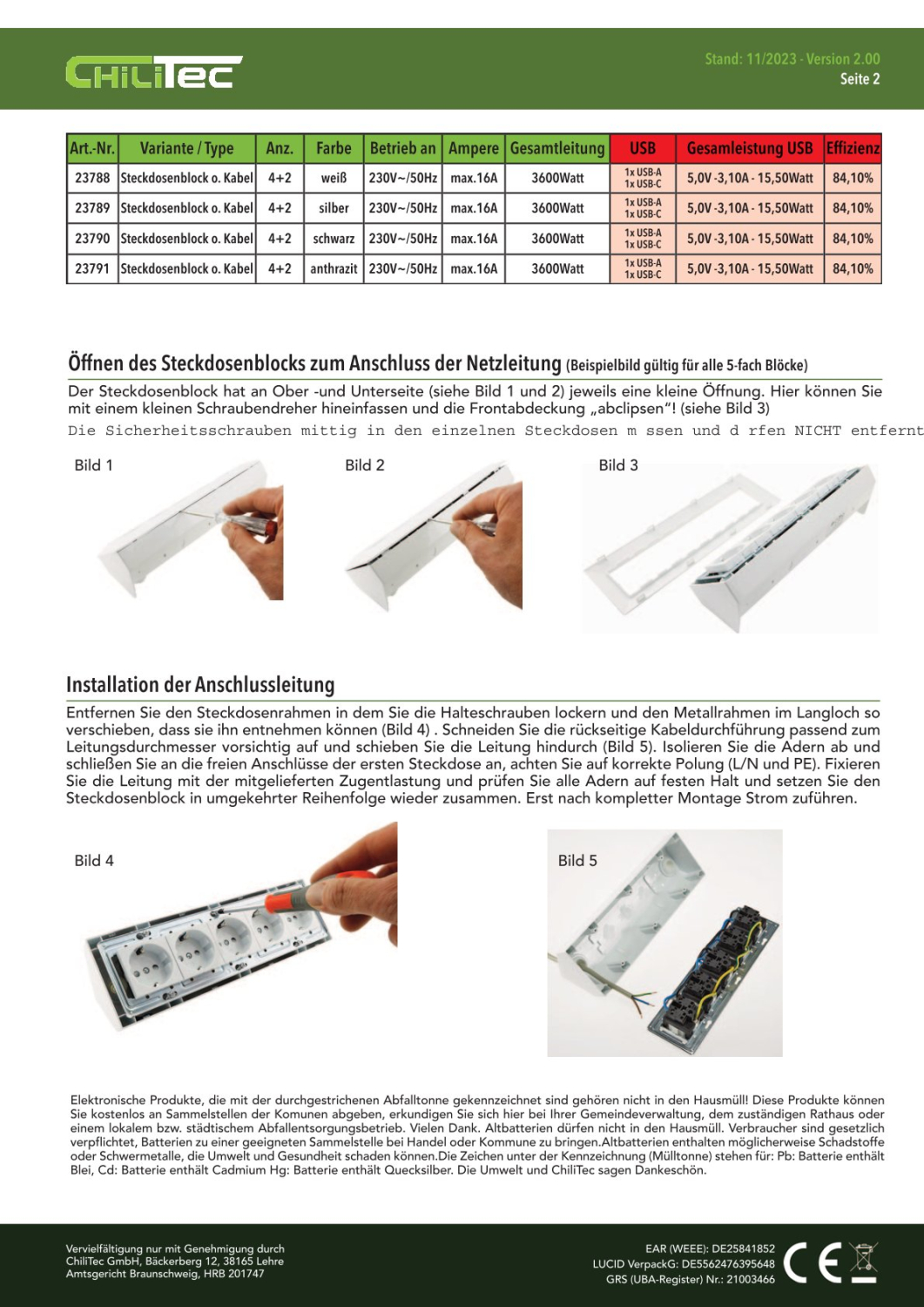 4-fach Steckdosenblock + 2x USB A+C 3,1A schwarz Aufbausteckdosen 23791