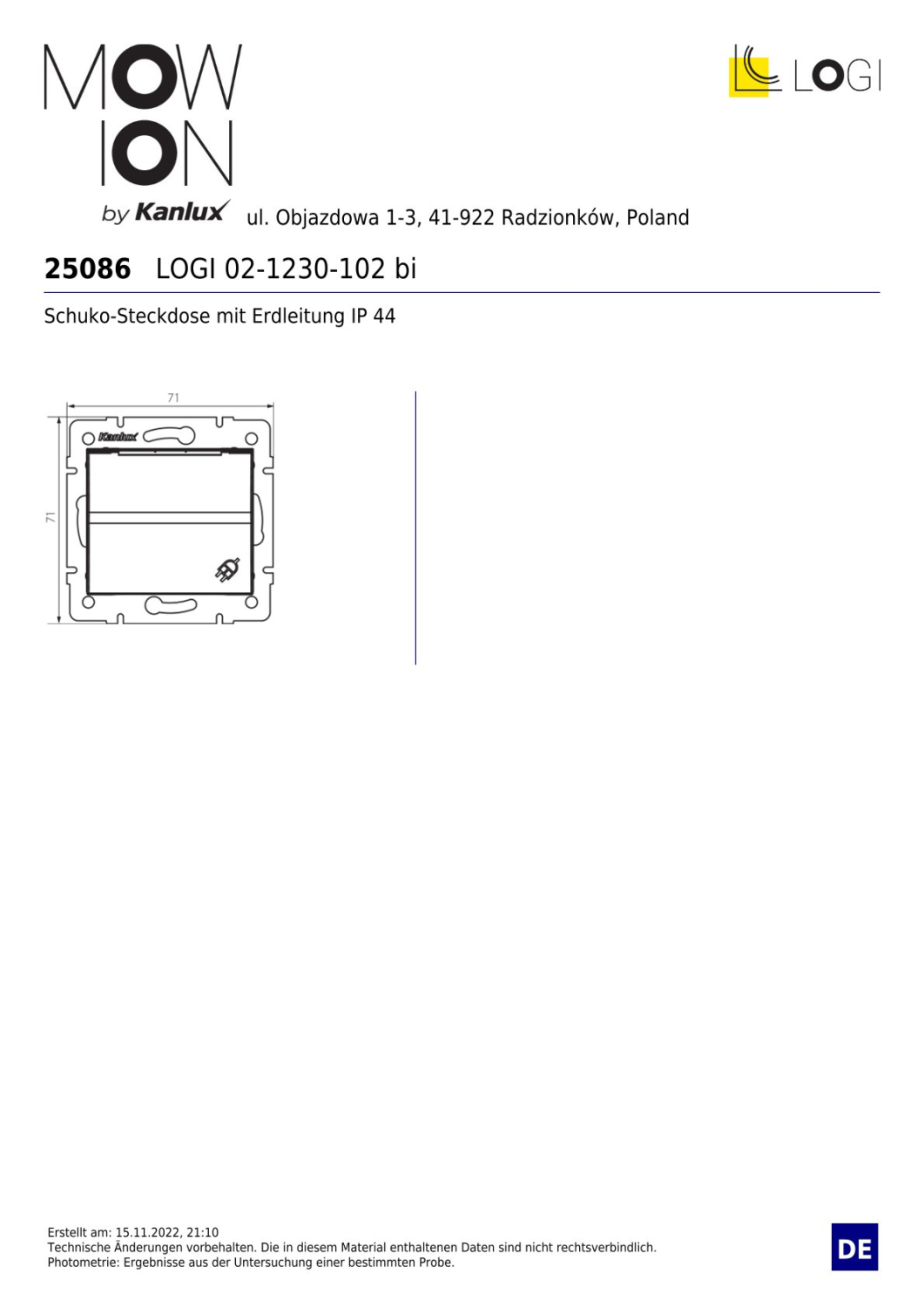 LOGI Steckdose mit Deckel IP44 Weiss Unterputz 25086