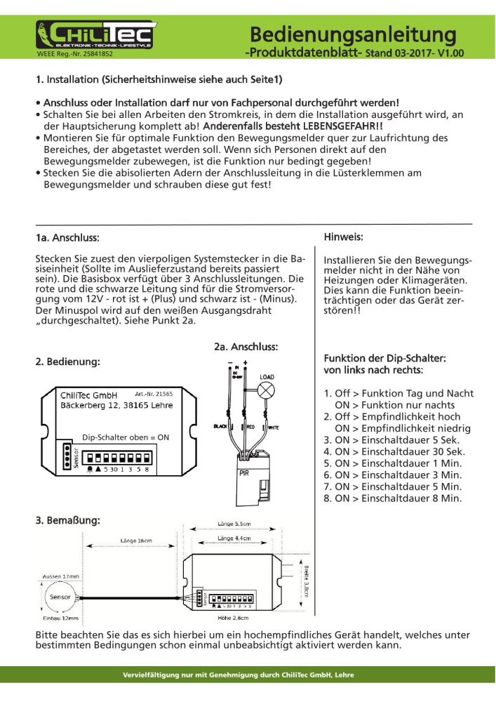 Einbau-Bewegungsmelder "CT-PIR Mini" 12V DC 1-60W Ø15mm 22261
