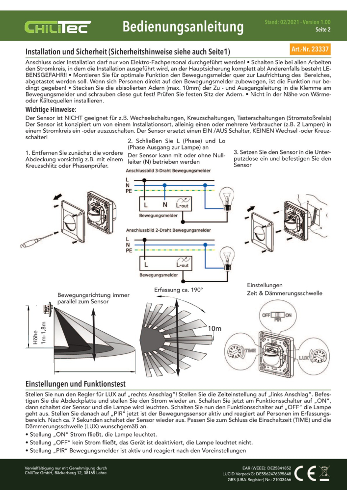 PIR Bewegungsmelder 190° IP65 2/3-Draht weiss UP 23337