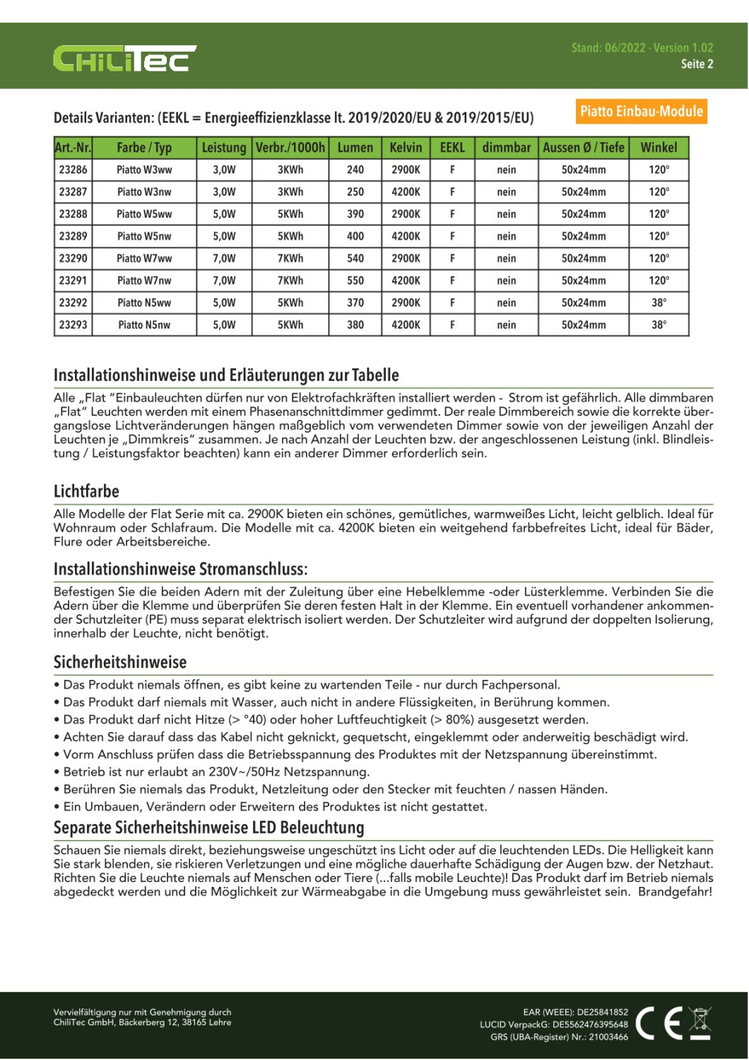 ChiliTec LED Einbauleuchte "Piatto N5" 38° 5W Modul 4200K 380Lm 23293