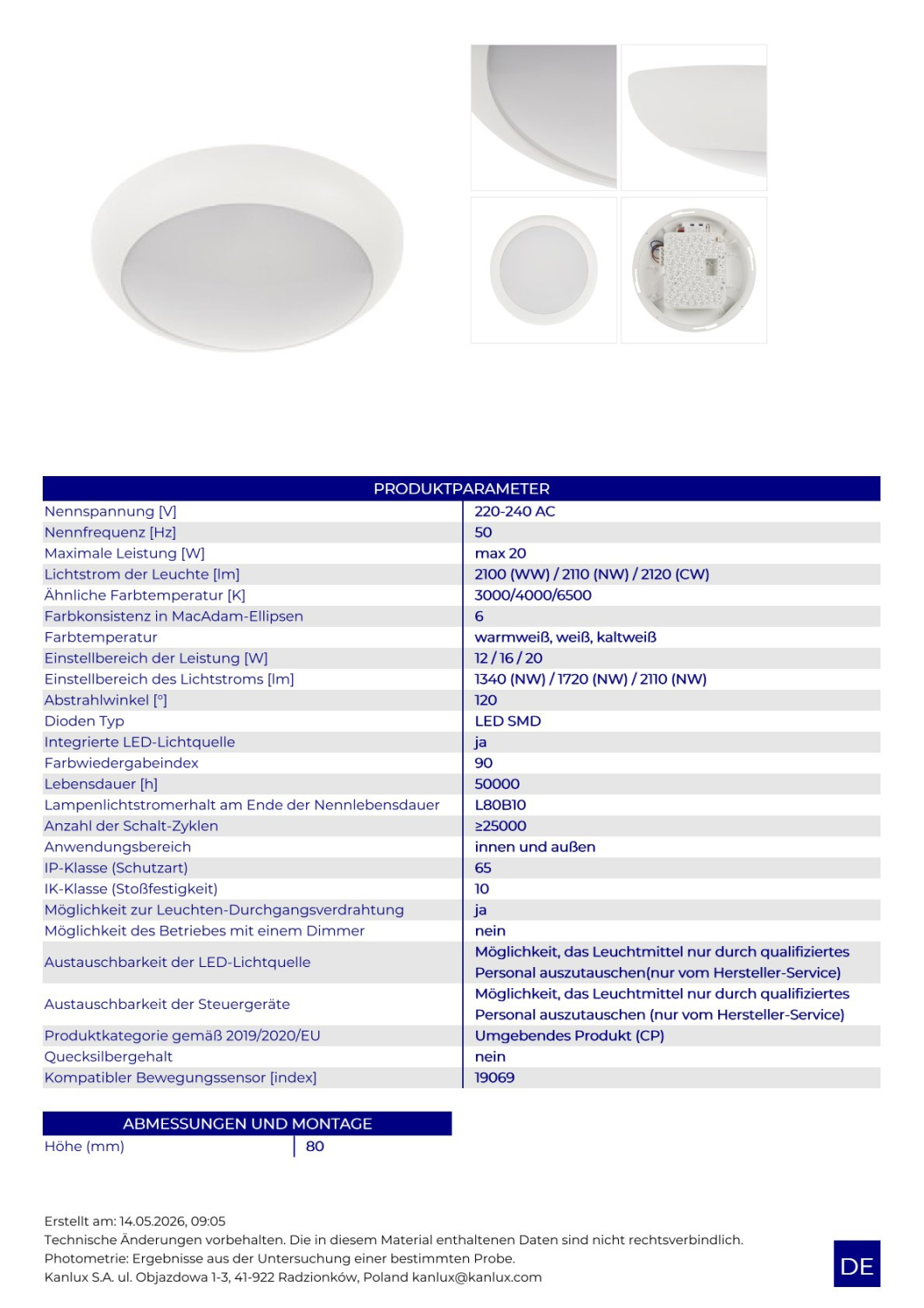 Kanux LED Deckenleuchte DABA AIO IP65 20W CCT 3000/4000/6500K 19068