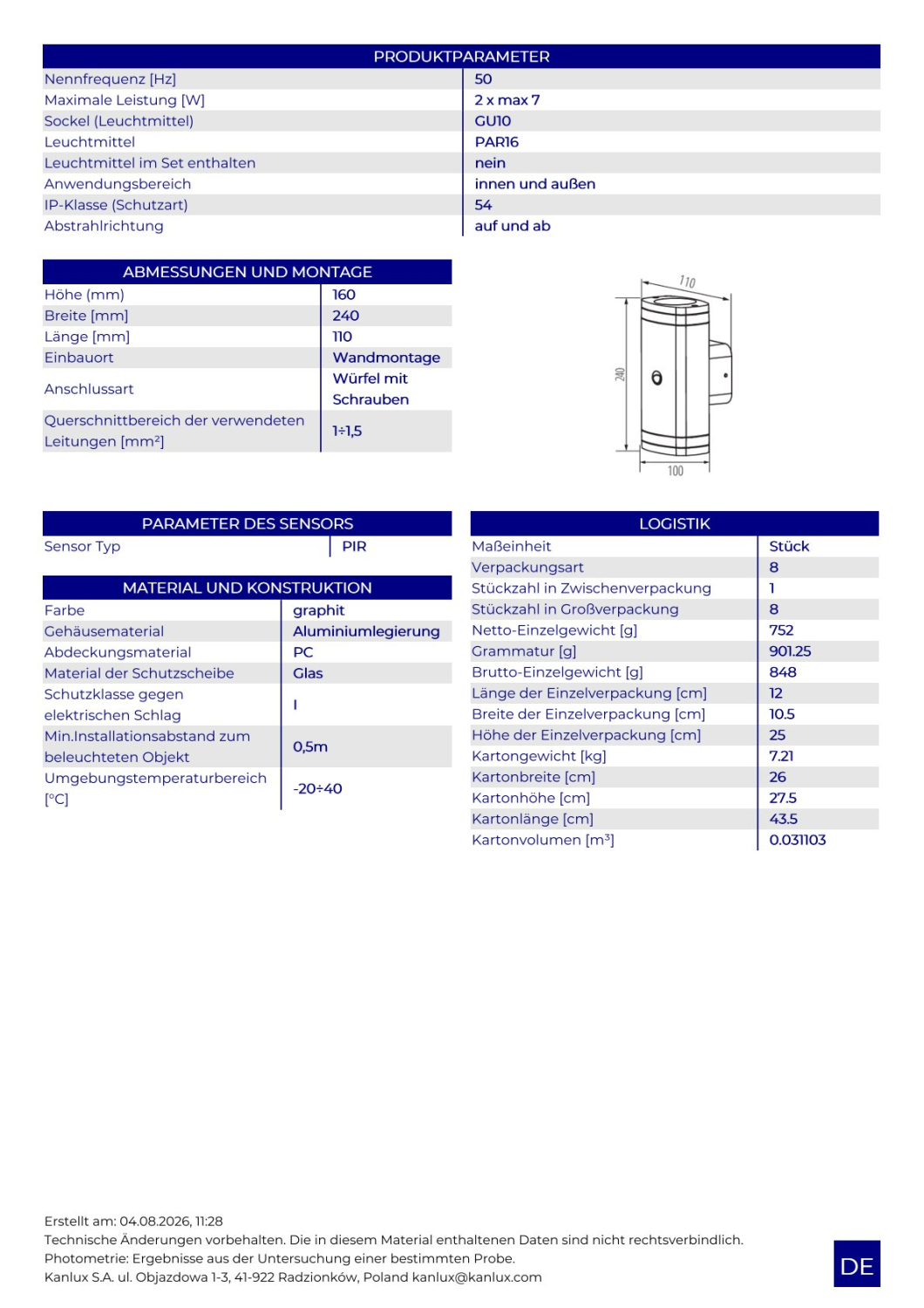 Kanlux Fassadenleuchte ZEVI W EL PIR Sensor graphit IP54 GU10 Bewegungsmelder 90103
