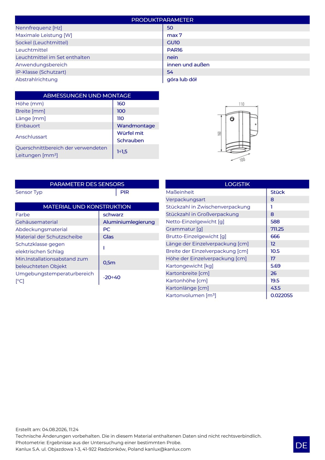 Kanlux Wandleuchte ZEVI W EL mit Bewegungsmelder PIR Sensor schwarz IP54 1xGU10 90100