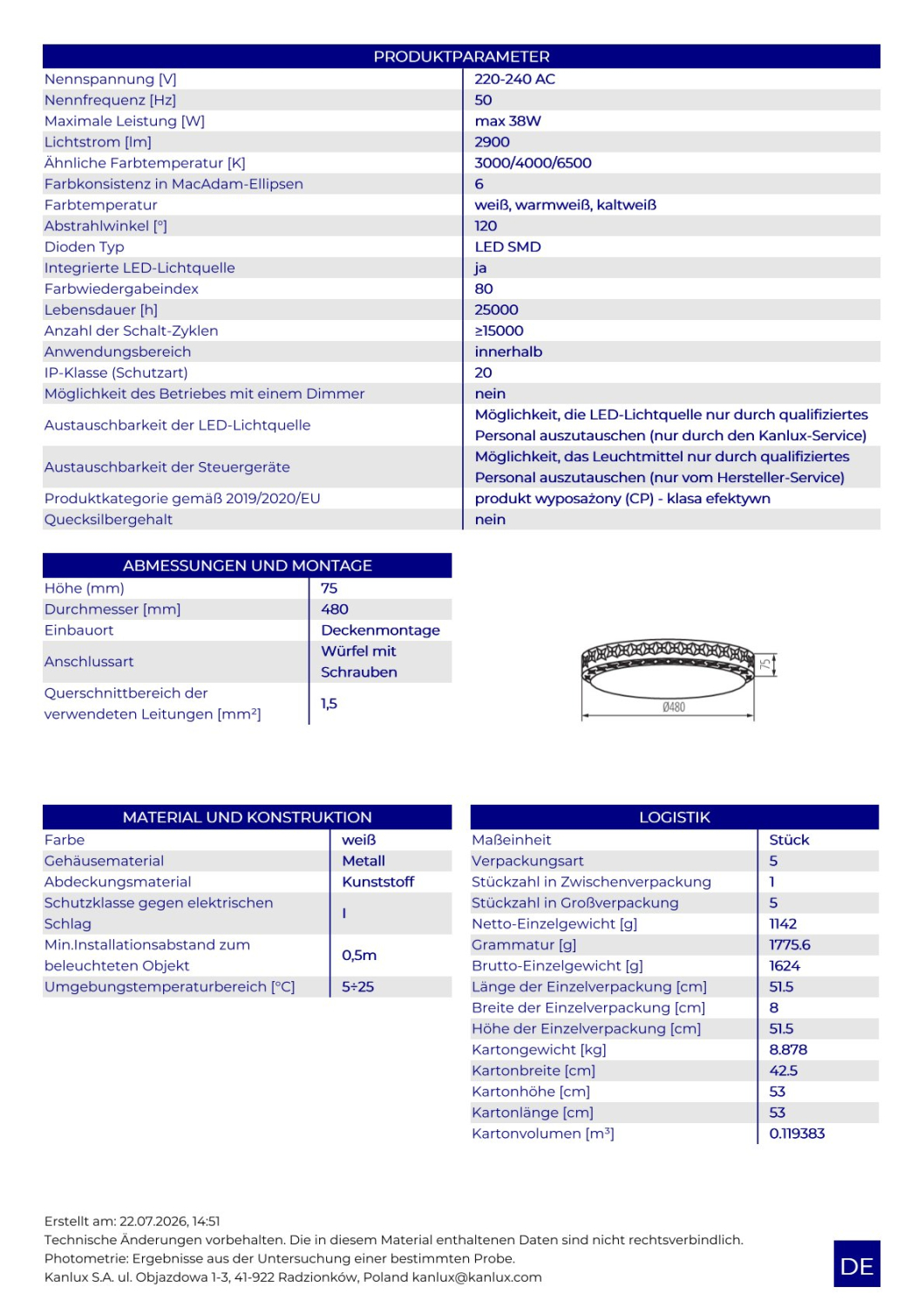 Kanlux LED Deckenleuchte LUMKO CCT 3000K, 4000K, 6500K Sternenhimmel FB dimmbar Ø480 weiss 90221