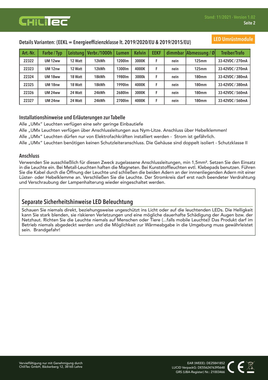 ChiliTec LED Modul "UM24ww" Ø180mm 24W 3000K 2680Lm Magnethalter 22326 für Leuchten Umrüstung