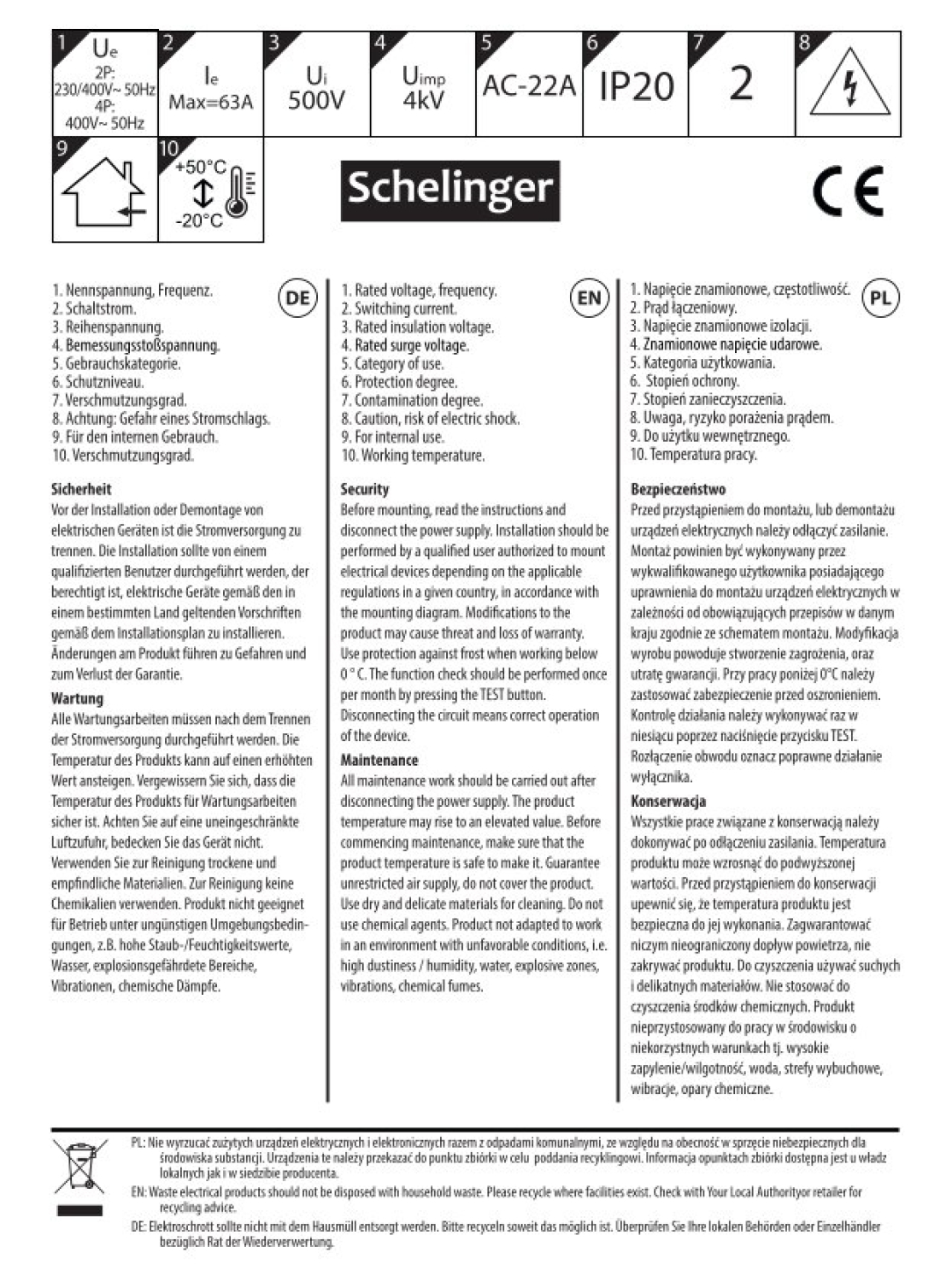 Schelinger Wahlschalter 63A 4-polig - Modularer Umschalter I-0-II 1-0-2 A11-SF-4P-063