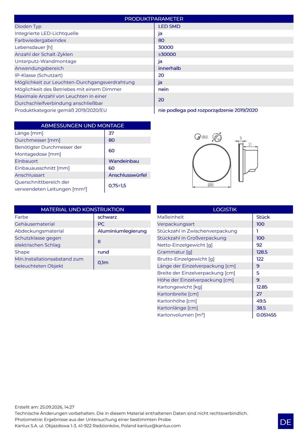 LED Wandeinbauleuchte MAGNIK schwarz rund 230V CCT 2700-5700K 1,7W 7Lm 90826