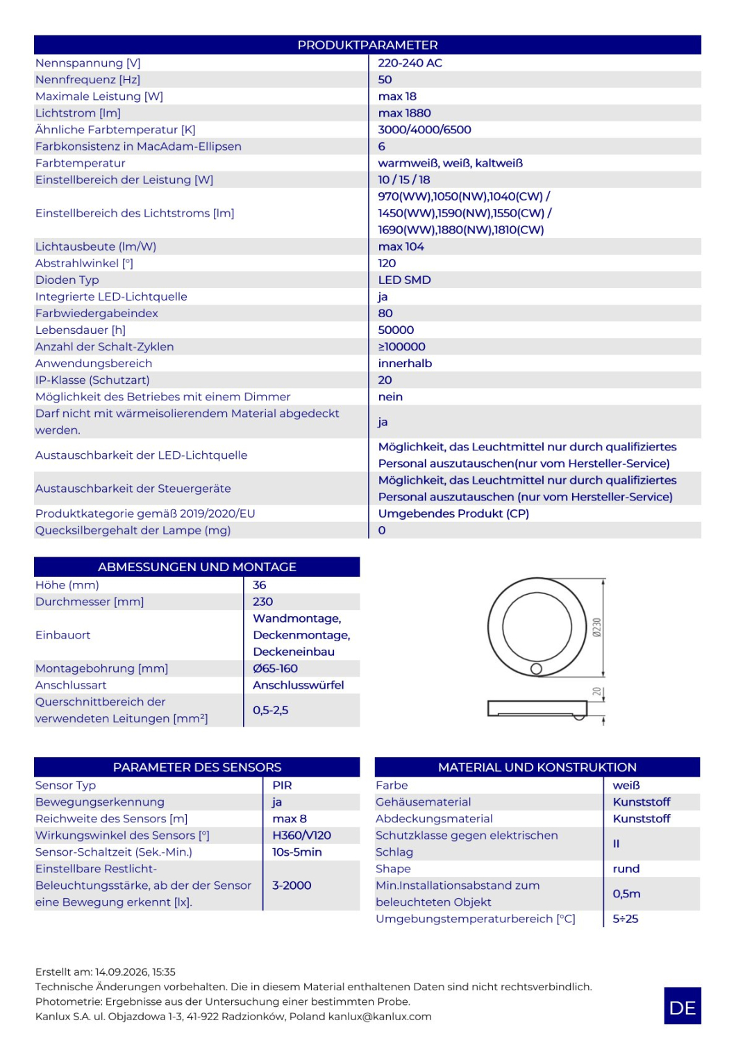 LED Downlight ERGA PIR Bewegungsmelder 10-18W CCT 3000/4000/6500K weiss 24617