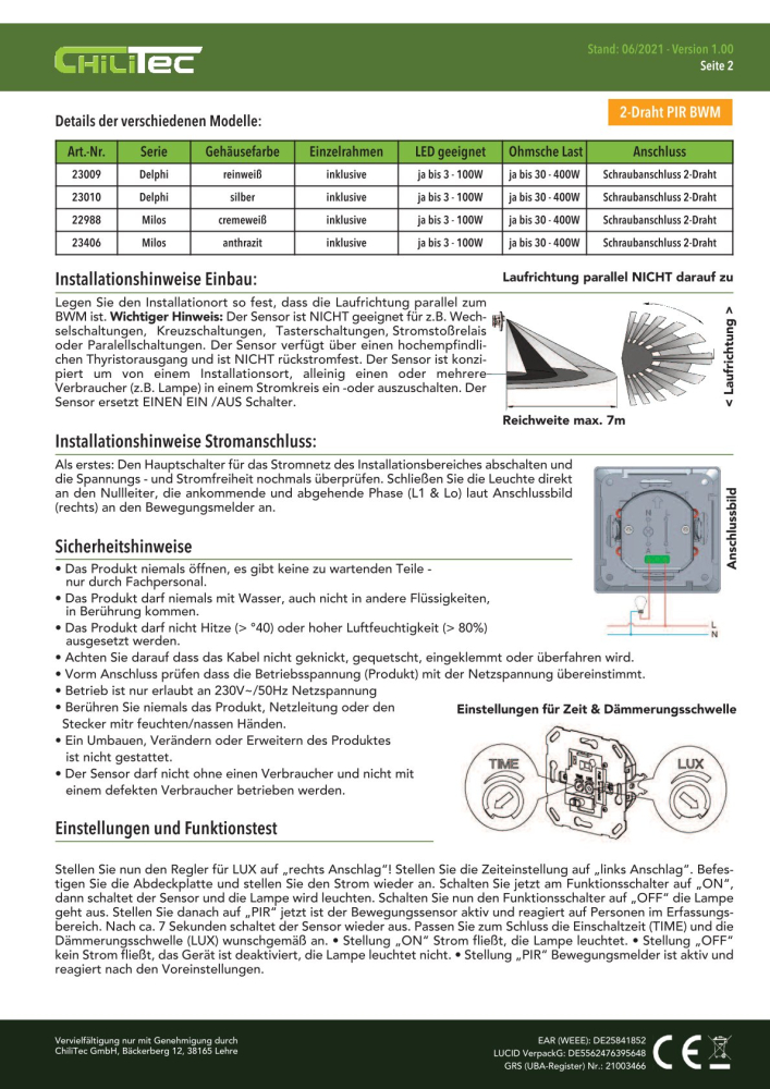 DELPHI Bewegungsmelder 160° Einbau UP 2-Draht weiss 23009