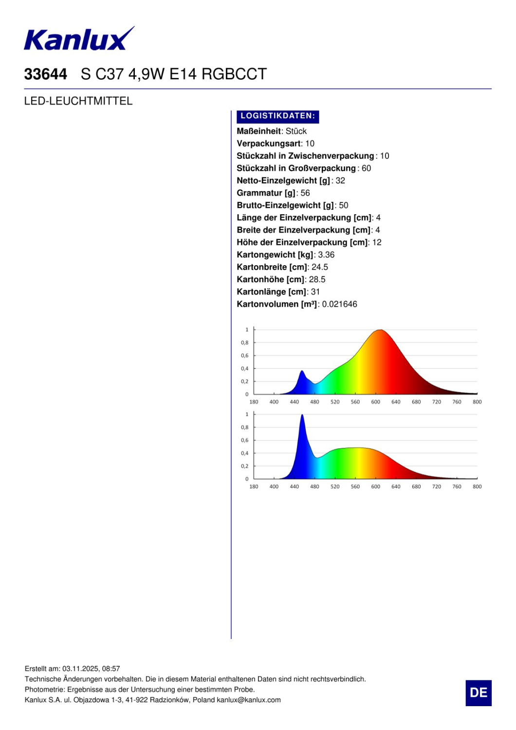 Kanlux SMART LED Kerzenlampe S C37 E14 RGB CCT 4,9W Leuchtmittel 33644