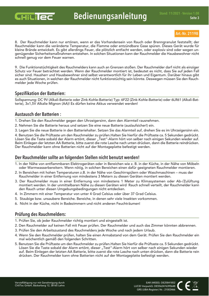 ChilItec Funk-Rauchmelder "CT-RM Pro" nach EN14604 koppelbar 21198