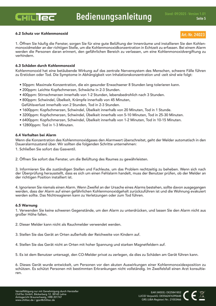 Kohlenmonoxid Melder "CT-KM 25" EN 50291 zertifiziert 24023