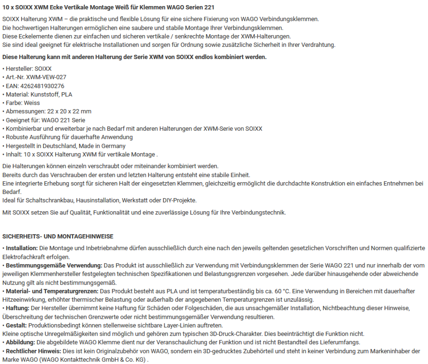 10x SOIXX XWM Ecke Vertikale Montage Weiß XWM-VEW-027