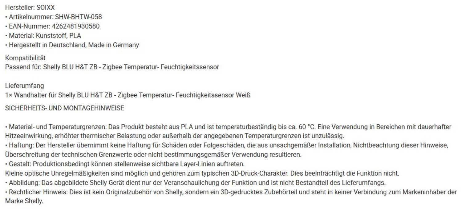 SOIXX Wandhalter für Shelly BLU H&T ZB - Zigbee Temperatur- Feuchtigkeitssensor Weiß Halter SHW-BHTW-058