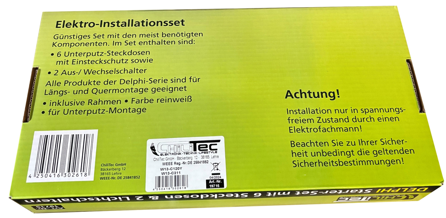DELPHI Starter-Kit, 16-teilig, weiß 6x Steckdose, 2x Wechsel-Schalter, 8x Rahmen 19715