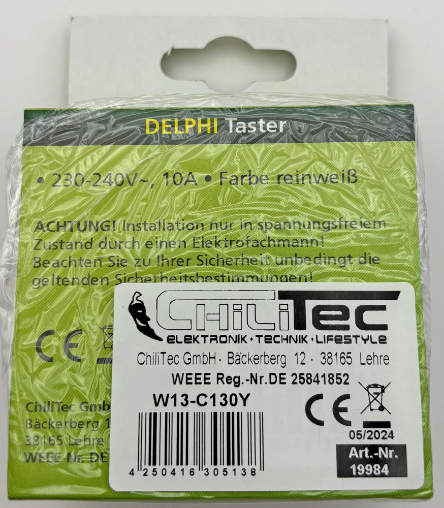 DELPHI Taster Lichttaster 250V 10A UP weiß Rahmen + Einsatz