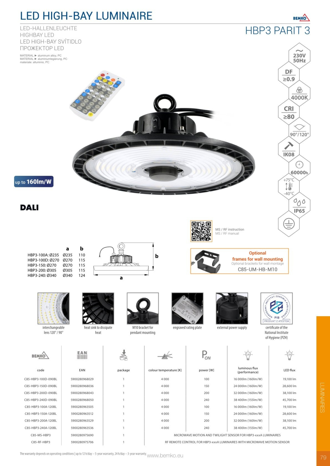 Bemko LED High Bay PARIT 100W 90° 4000K 16000Lm IP65 Hallentiefstrahler DALI