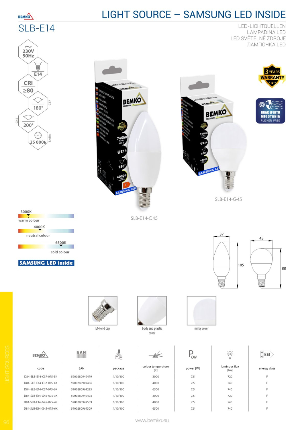 Bemko LED-Kerze E14 C37 SAMSUNG LEDs 7,5W 720Lm 3000K 180° D84-SLB-E14-C37-075-3K