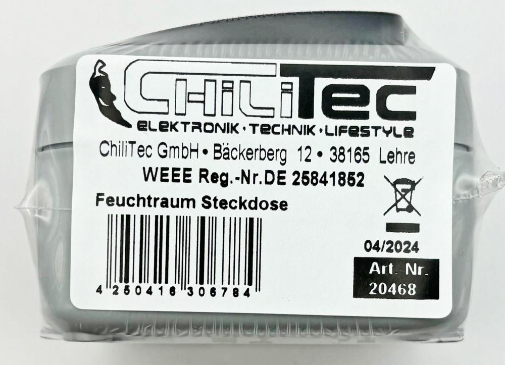 Feuchtraum Steckdose mit Deckel IP44 grau ChiliTec 20468